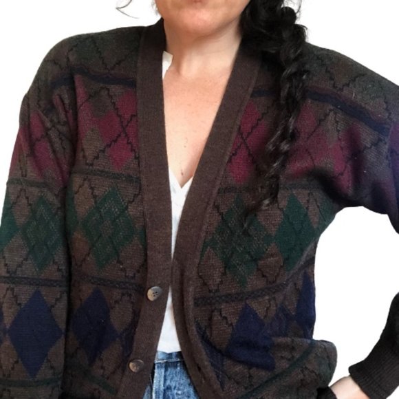Vtg Italian Brown Argyle Wool Blend V-Neck Cardigan Grandpa Menswear Sweater - Picture 3 of 15